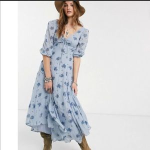 Free People Sea Glass Blue Hue Floral Dress (Size 6)